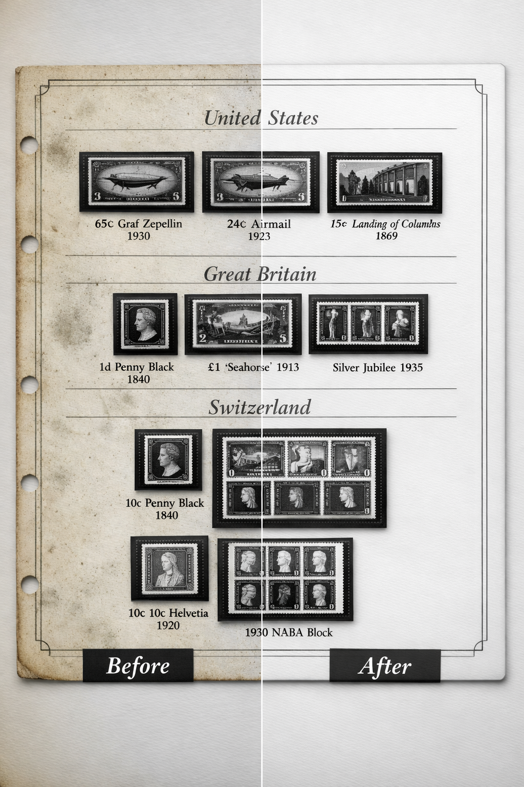 Cleaned and enhanced stamp album page example