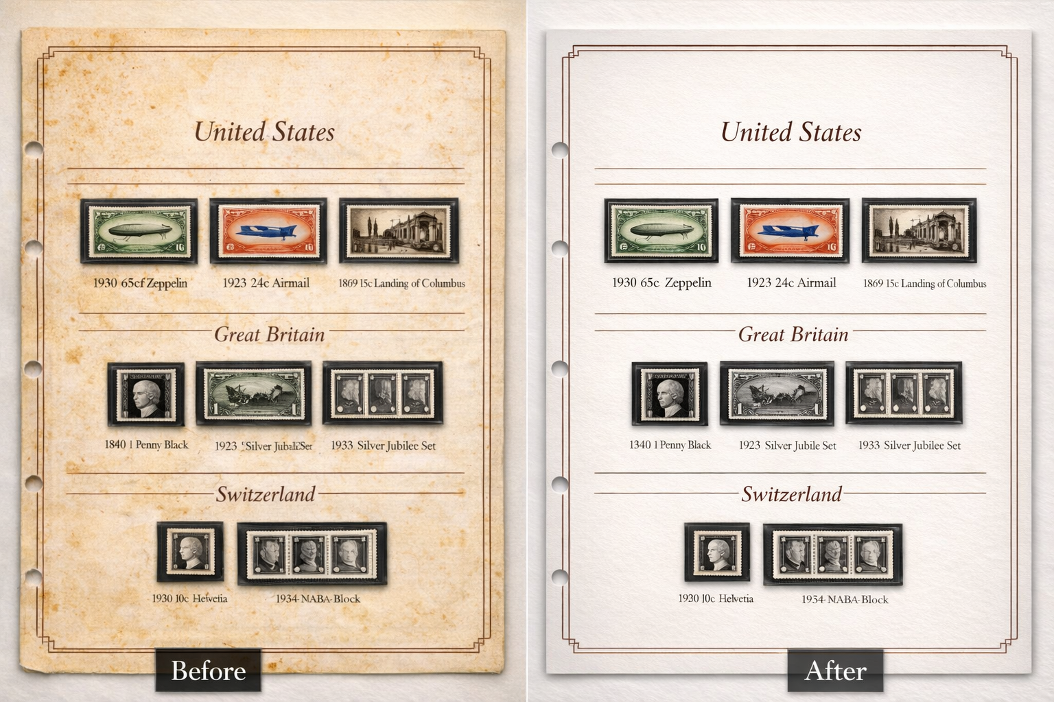 Cleaned and enhanced stamp album page example