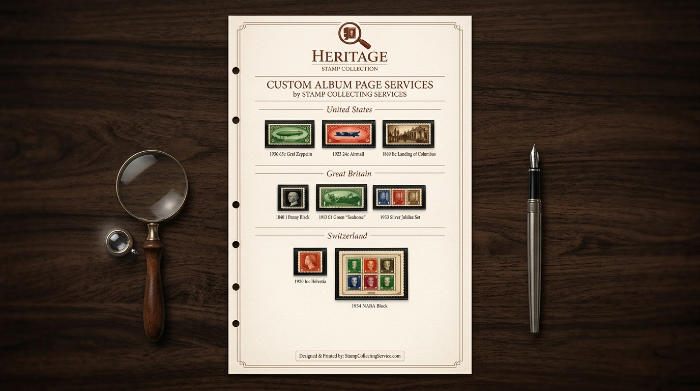 Custom branded album pages for stamp dealers